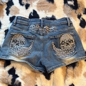 Embellished Blue Denim Skull Shorts